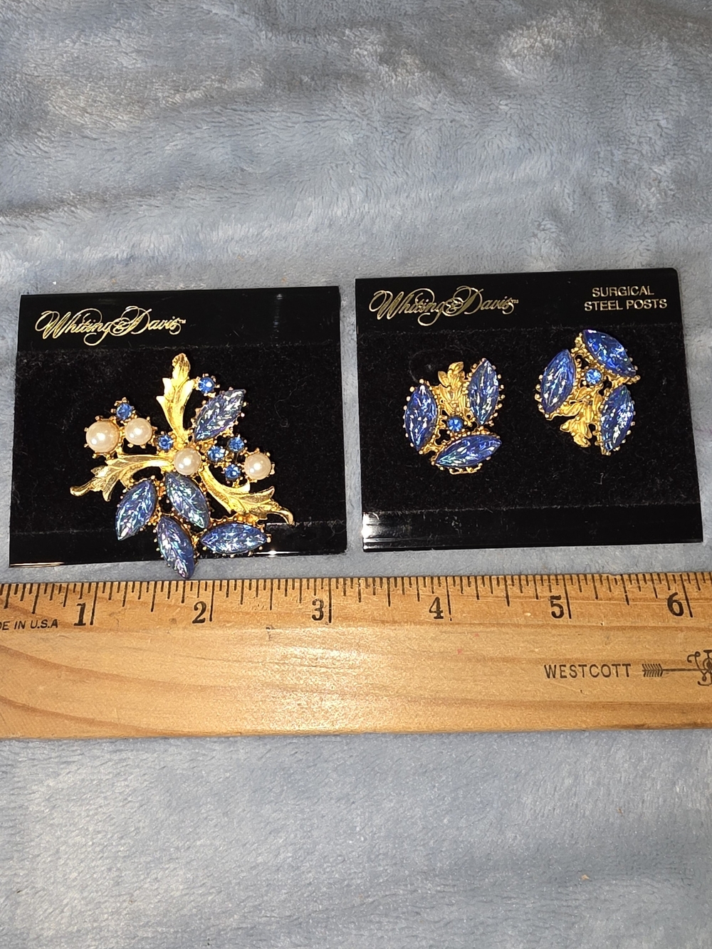 Whiting & Davis Blue Crystal and Gold Leaf Brooch with Matching Earrings